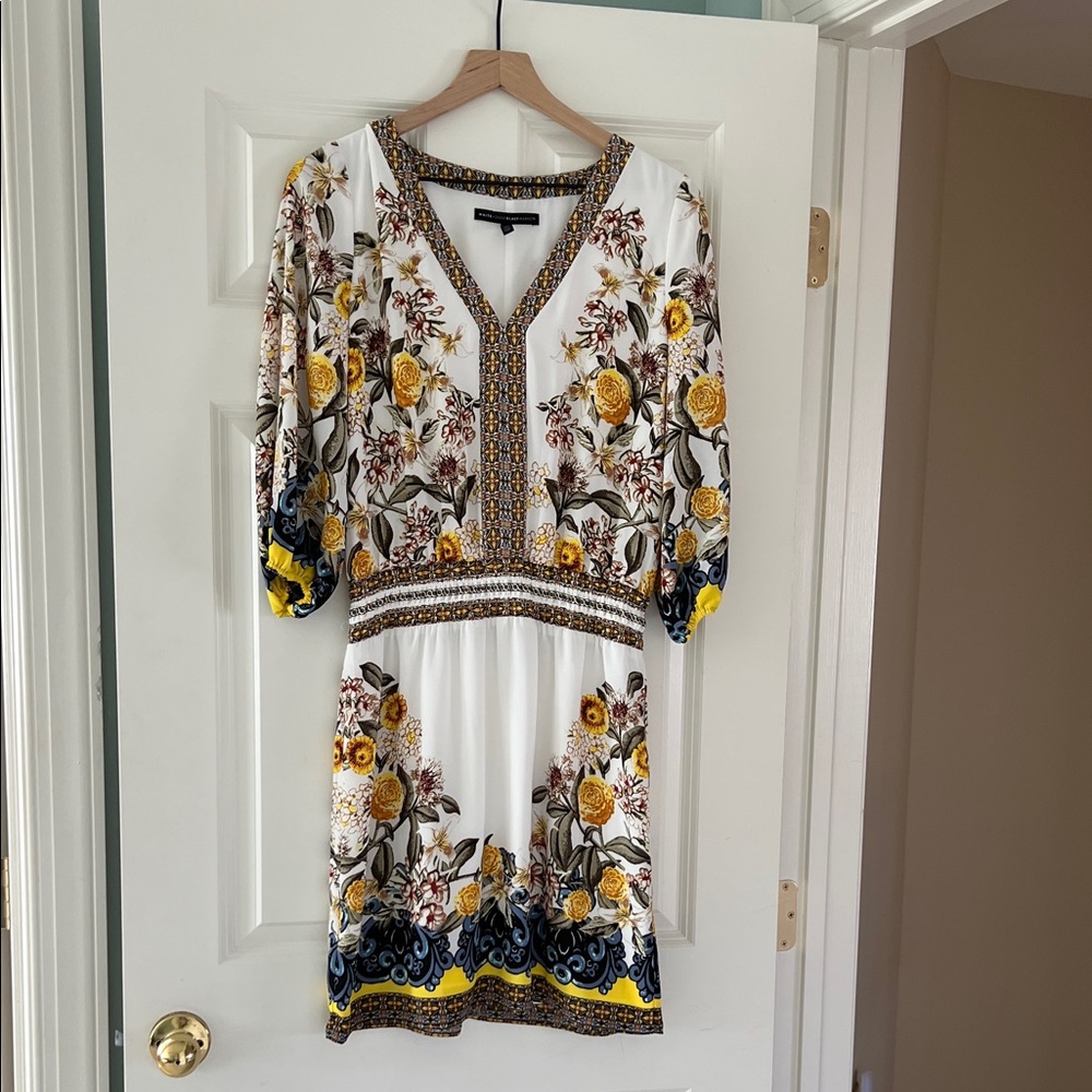 White Floral V-Neck Women's Dress with Yellow Accents